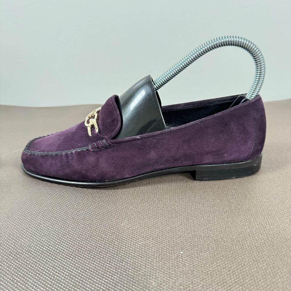 Escada Round Toe Suede Loafers Womens 35.5 US 5.5 Purple W/ Gold Tone Emblem